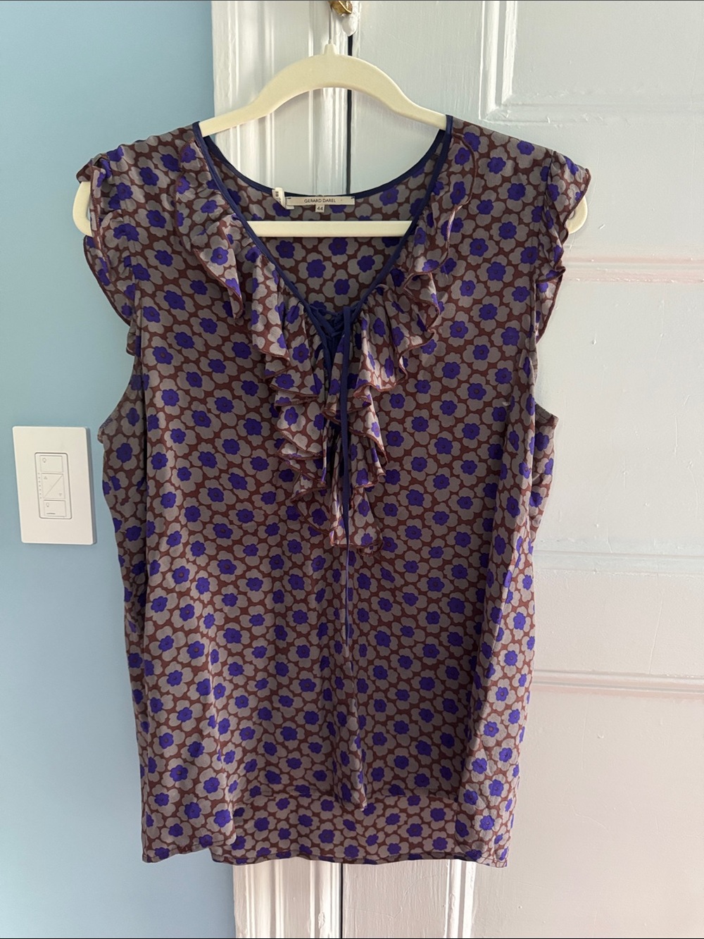 Gerard Darel Purple and Brown Floral Ruffle Tie-Neck Blouse